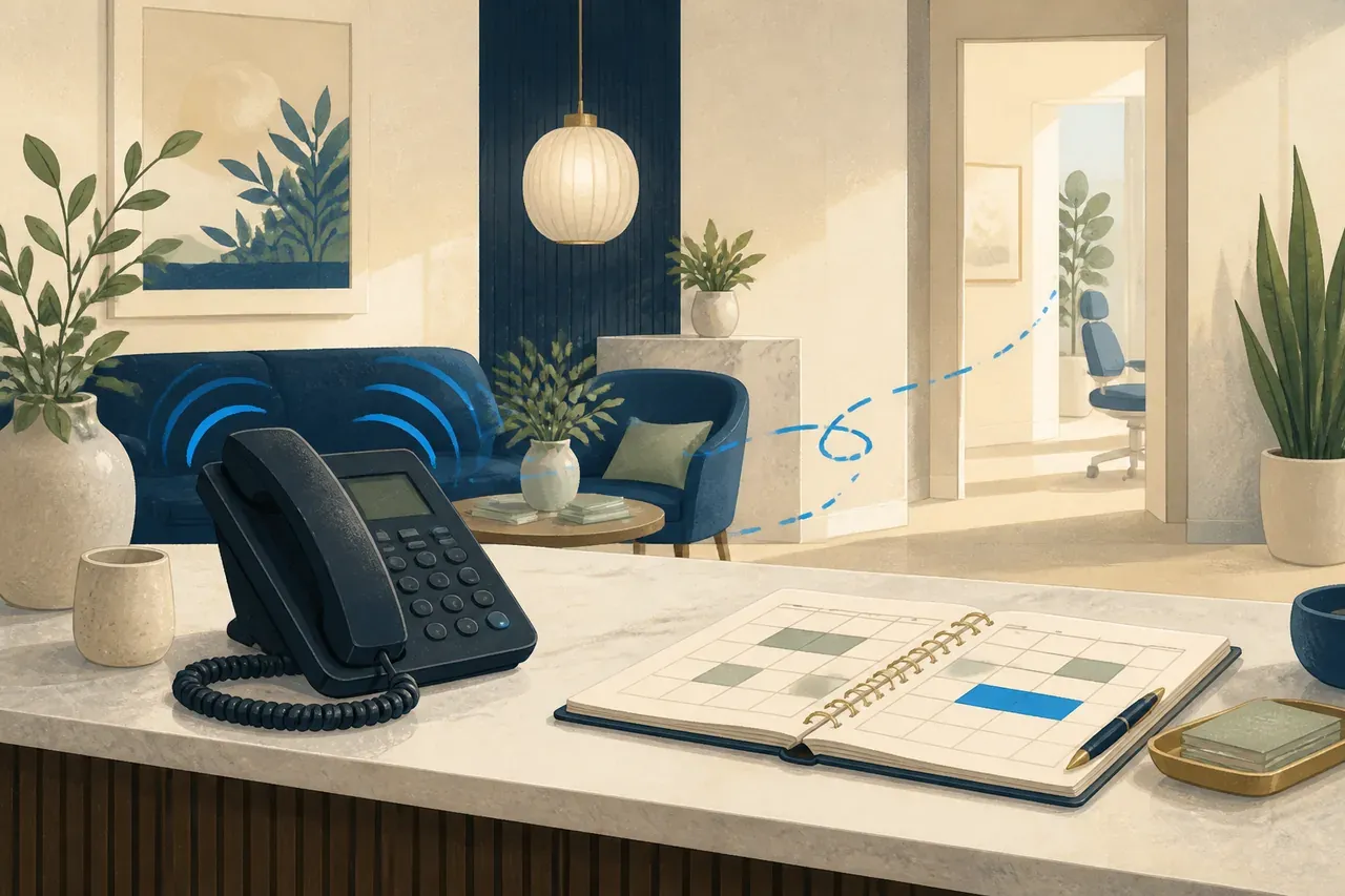 Editorial illustration of an unanswered reception phone beside a clinic appointment diary