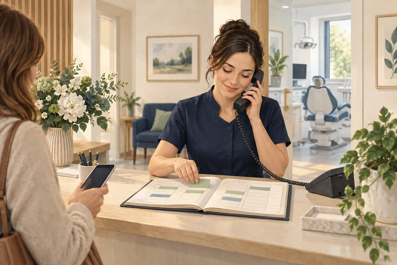 Editorial illustration of a dental receptionist rescheduling an appointment by phone