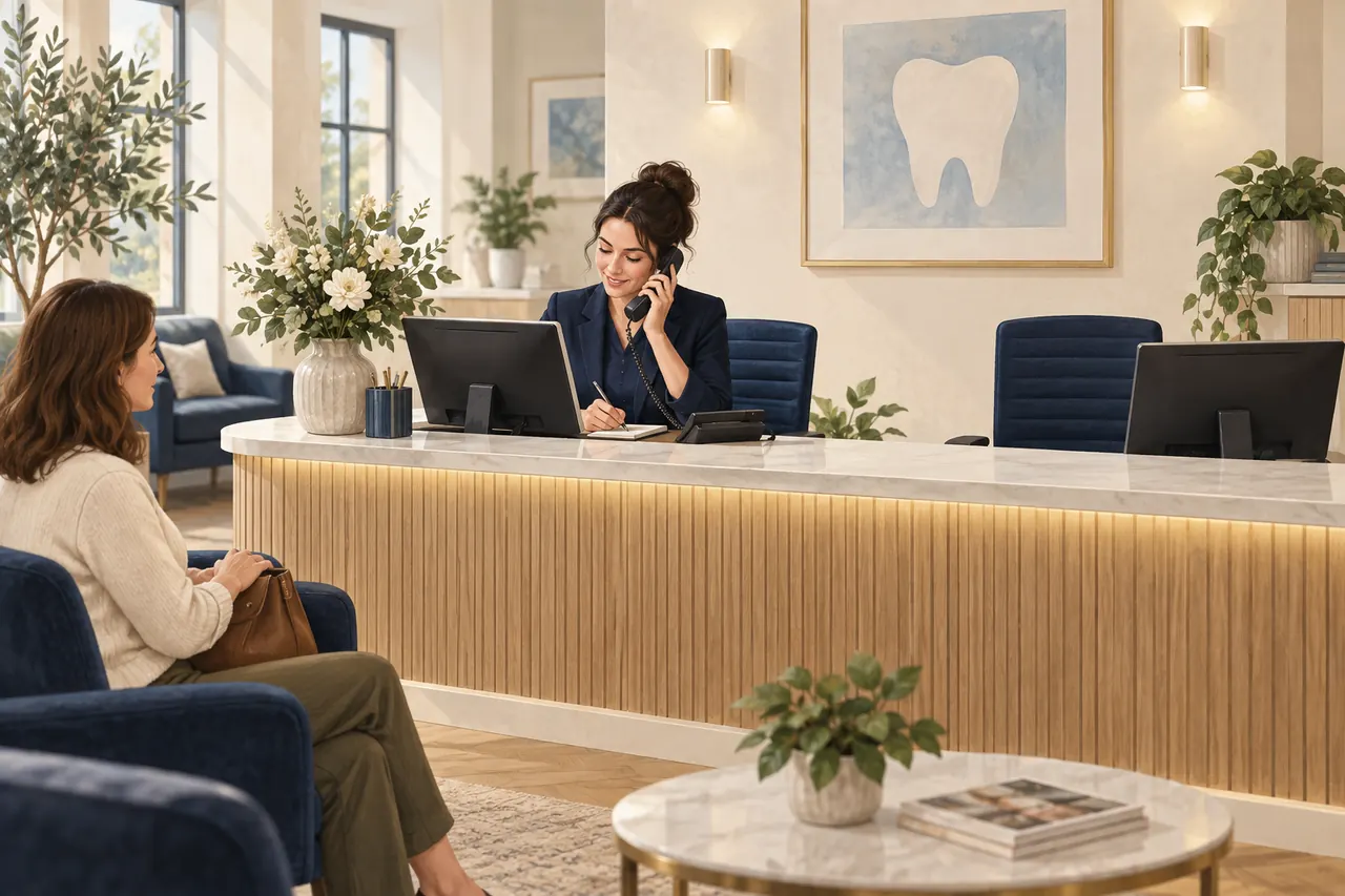 Editorial illustration of a dental receptionist working beside an empty second workstation