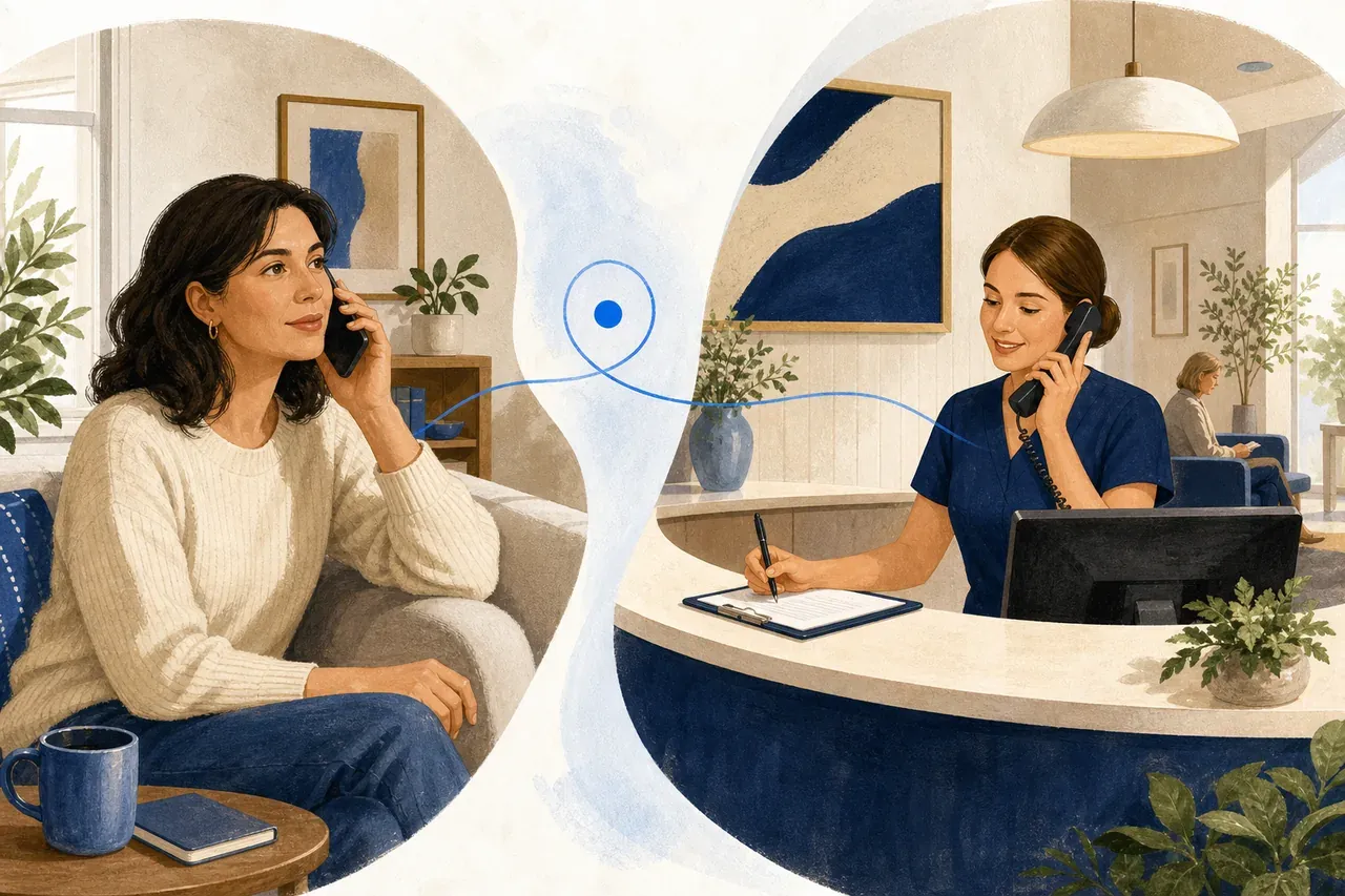 Editorial illustration of a patient calling a clinic and receiving help at reception